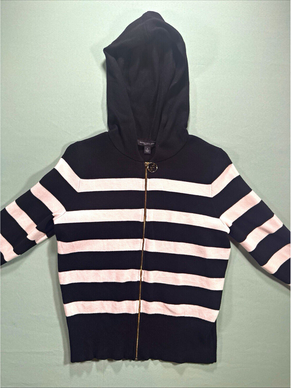 Marc New York Andrew Marc Women's S Black/White Striped Knit Full Zip Hoodie